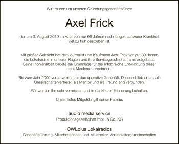 Traueranzeige von Axel Frick von Neue Westfälische