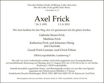 Traueranzeige von Axel Frick von Neue Westfälische