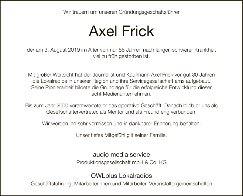  Traueranzeige für Axel Frick vom 07.08.2019 aus Neue Westfälische