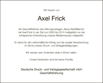 Traueranzeige von Axel Frick von Neue Westfälische