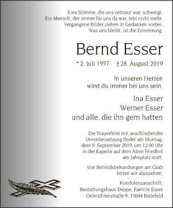 Traueranzeige von Bernd Esser von Neue Westfälische