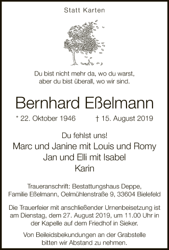 Traueranzeige von Bernhard Eßelmann von Neue Westfälische