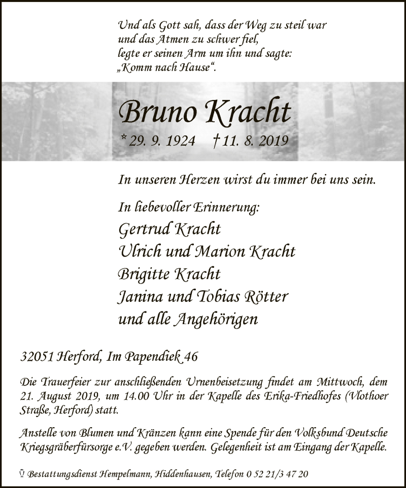  Traueranzeige für Bruno Kracht vom 15.08.2019 aus Neue Westfälische