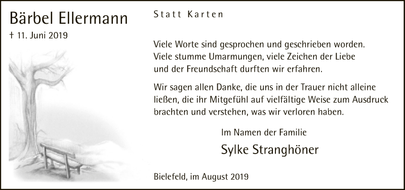  Traueranzeige für Bärbel Ellermann vom 17.08.2019 aus Neue Westfälische