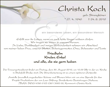 Traueranzeige von Christa Koch von Neue Westfälische
