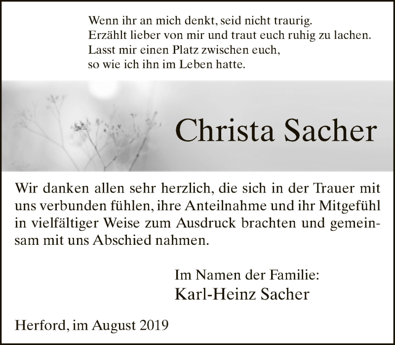  Traueranzeige für Christa Sacher vom 03.08.2019 aus Neue Westfälische