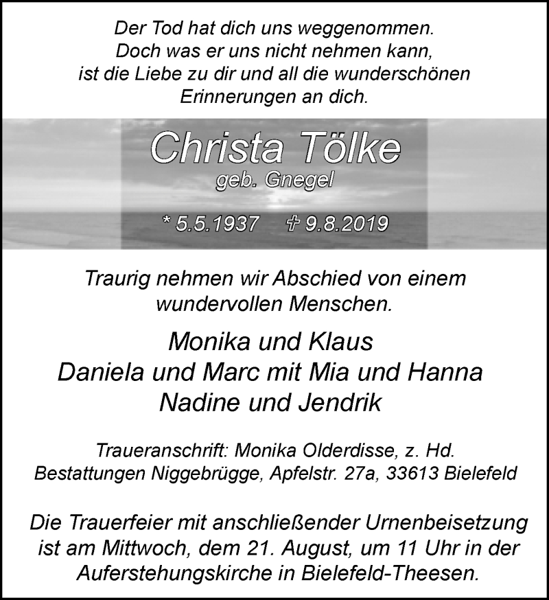  Traueranzeige für Christa Tölke vom 17.08.2019 aus Neue Westfälische