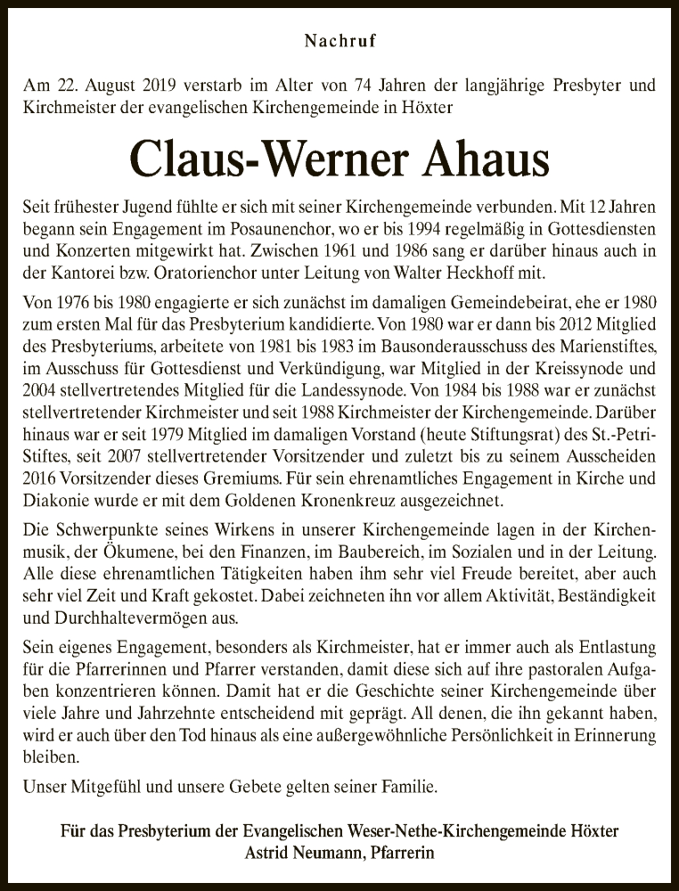  Traueranzeige für Claus-Werner Ahaus vom 24.08.2019 aus Neue Westfälische