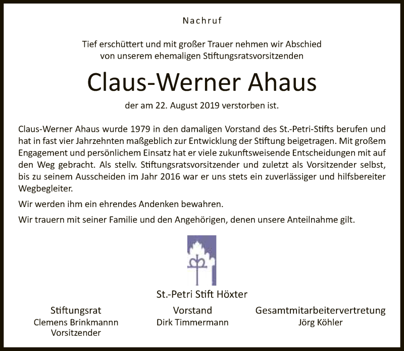 Traueranzeige für Claus-Werner Ahaus vom 27.08.2019 aus Neue Westfälische