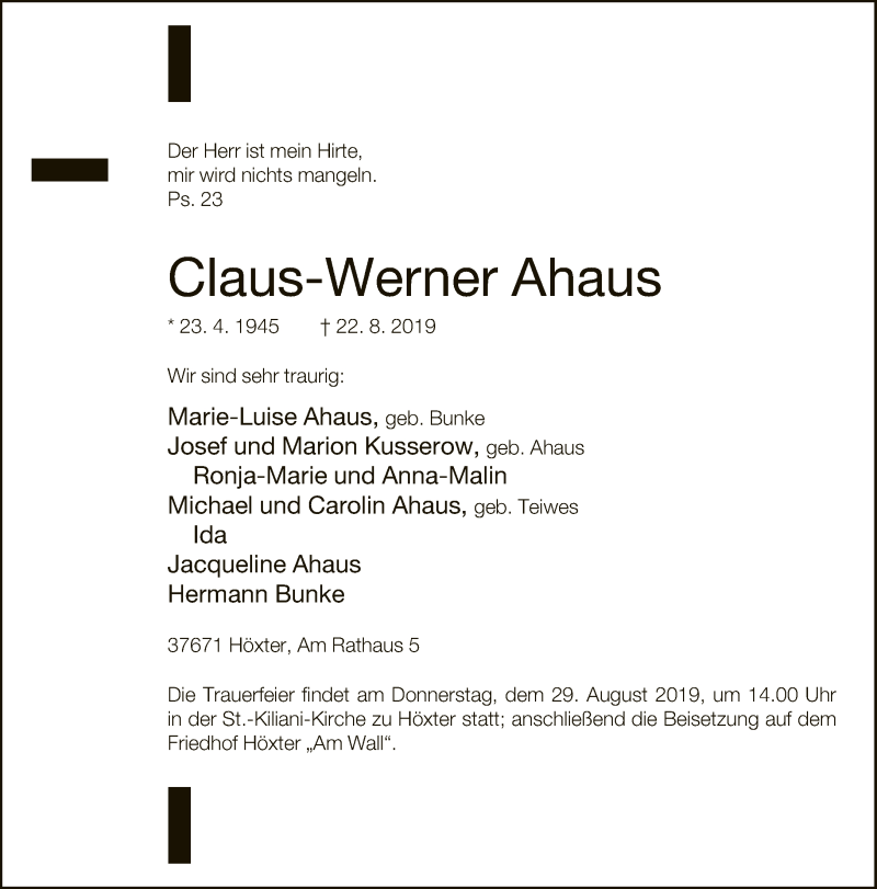  Traueranzeige für Claus-Werner Ahaus vom 24.08.2019 aus Neue Westfälische