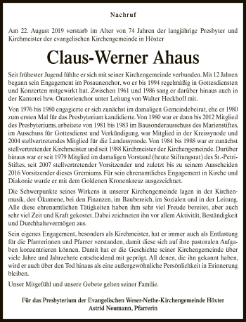Traueranzeige von Claus-Werner Ahaus von Neue Westfälische