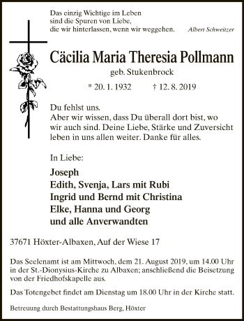 Traueranzeige von Cäcilia Maria Theresia Pollmann von Neue Westfälische