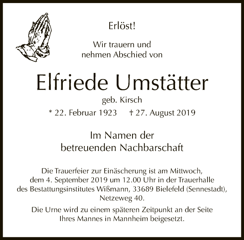  Traueranzeige für Elfriede Umstätter vom 31.08.2019 aus Neue Westfälische