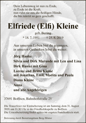 Traueranzeige von Elfriede Elfi Kleine von Neue Westfälische
