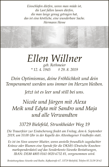 Traueranzeige von Ellen Willner von Neue Westfälische