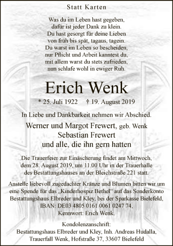 Traueranzeige von Erich Wernk von Neue Westfälische