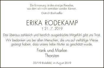 Traueranzeige von Erika Rodekamp von Neue Westfälische