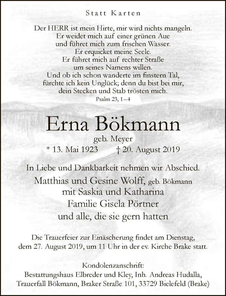  Traueranzeige für Erna Bökmann vom 24.08.2019 aus Neue Westfälische
