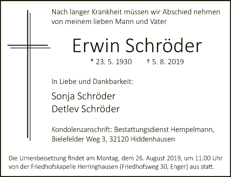  Traueranzeige für Erwin Schröder vom 17.08.2019 aus Neue Westfälische
