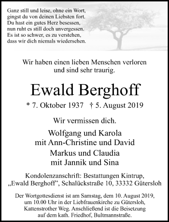 Traueranzeige von Ewald Berghoff von Neue Westfälische