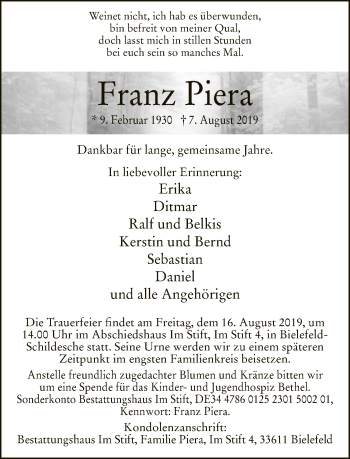 Traueranzeige von Franz Piera von Neue Westfälische