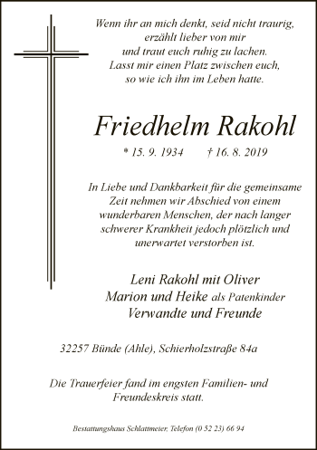Traueranzeige von Friedhelm Rakohl von Neue Westfälische