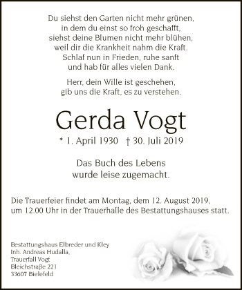 Traueranzeige von Gerda Vogt von Neue Westfälische