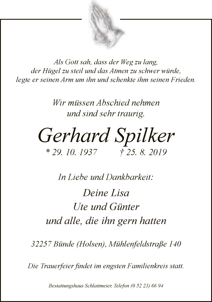  Traueranzeige für Gerhard Spilker vom 26.08.2019 aus Neue Westfälische