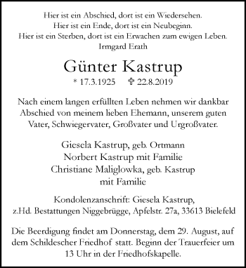 Traueranzeige von Günter Kastrup von Neue Westfälische