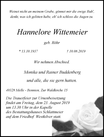 Traueranzeige von Hannelore Wittemeier von Neue Westfälische