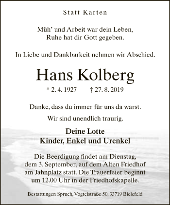 Traueranzeige von Hans Kolberg von Neue Westfälische