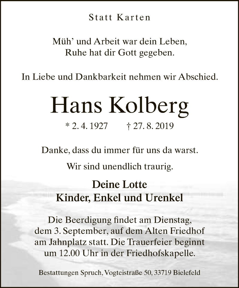  Traueranzeige für Hans Kolberg vom 31.08.2019 aus Neue Westfälische