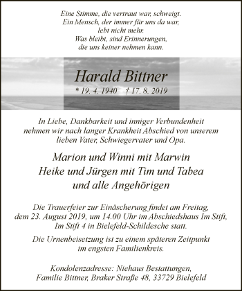 Traueranzeige von Harald Bittner von Neue Westfälische