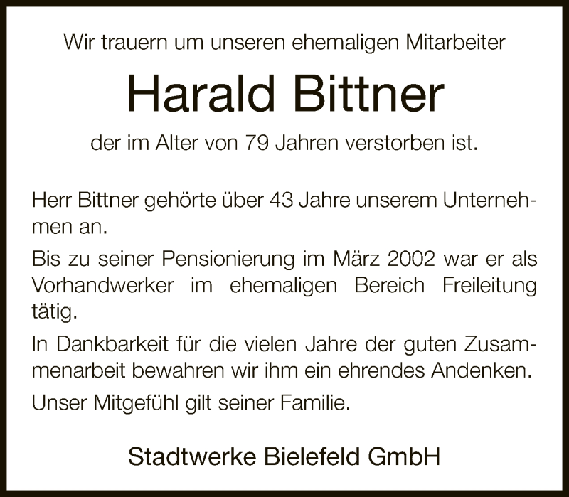  Traueranzeige für Harald Bittner vom 21.08.2019 aus Neue Westfälische