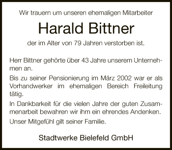 Traueranzeige von Harald Bittner von Neue Westfälische