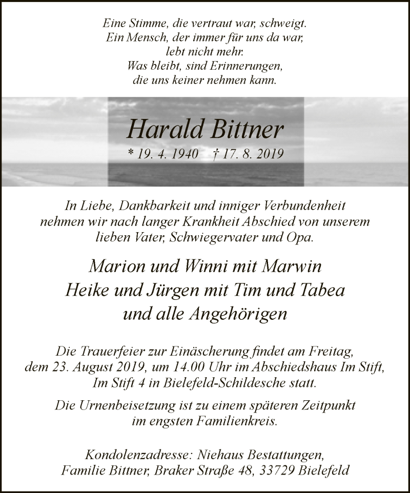  Traueranzeige für Harald Bittner vom 21.08.2019 aus Neue Westfälische