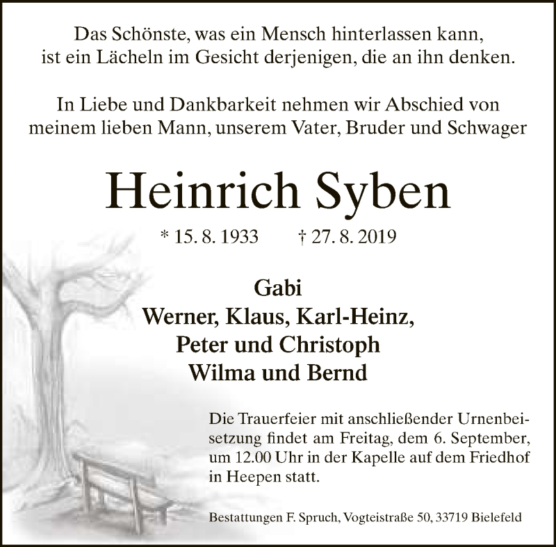  Traueranzeige für Heinrich Syben vom 31.08.2019 aus Neue Westfälische