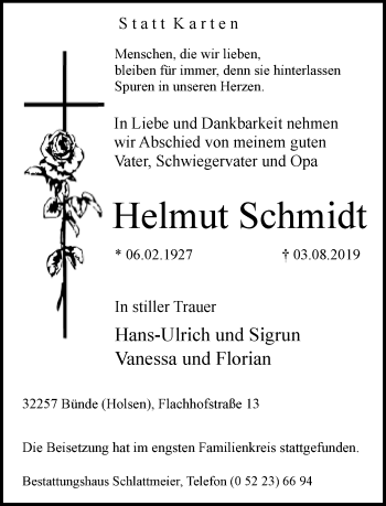 Traueranzeige von Helmut Schmidt von Neue Westfälische