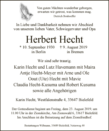 Traueranzeige von Herbert Hecht von Neue Westfälische