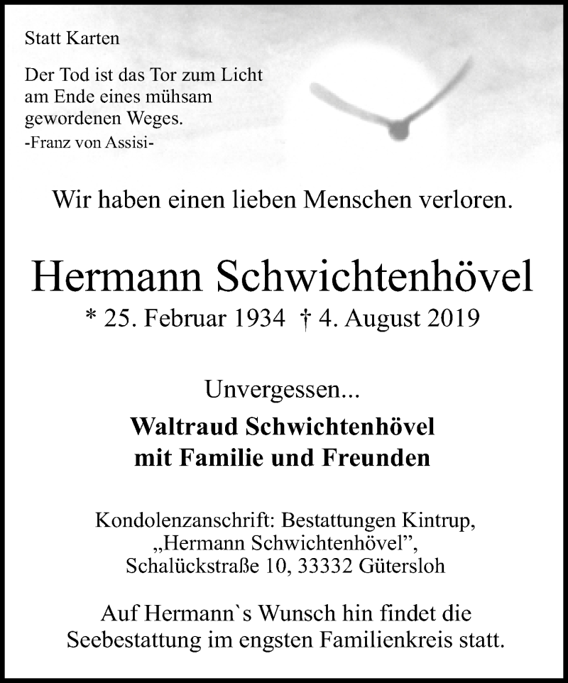  Traueranzeige für Hermann Schwichtenhövel vom 09.08.2019 aus Neue Westfälische