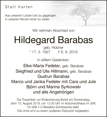 Traueranzeige von Hildegard Barabas von Neue Westfälische