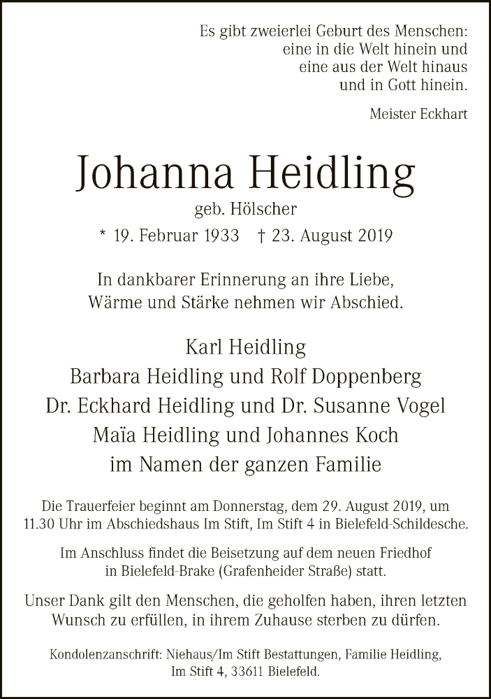  Traueranzeige für Johanna Heidling vom 27.08.2019 aus Neue Westfälische