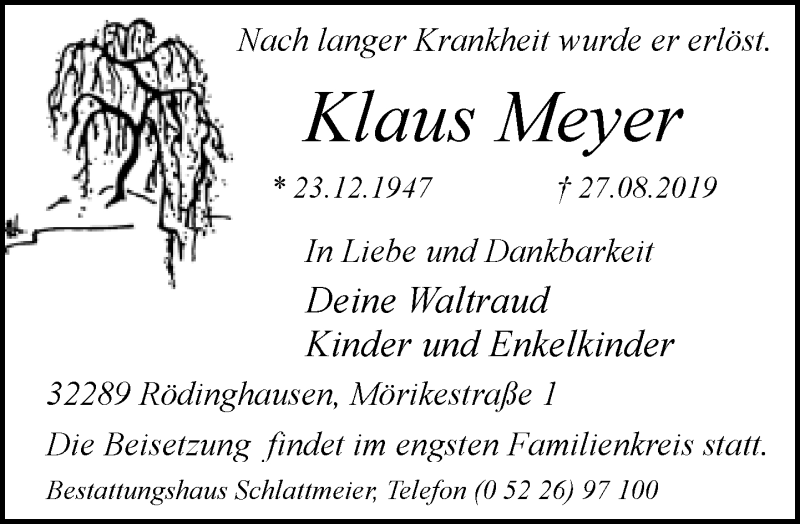  Traueranzeige für Klaus Meyer vom 31.08.2019 aus Neue Westfälische