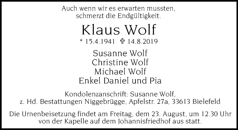  Traueranzeige für Klaus Wolf vom 20.08.2019 aus Neue Westfälische