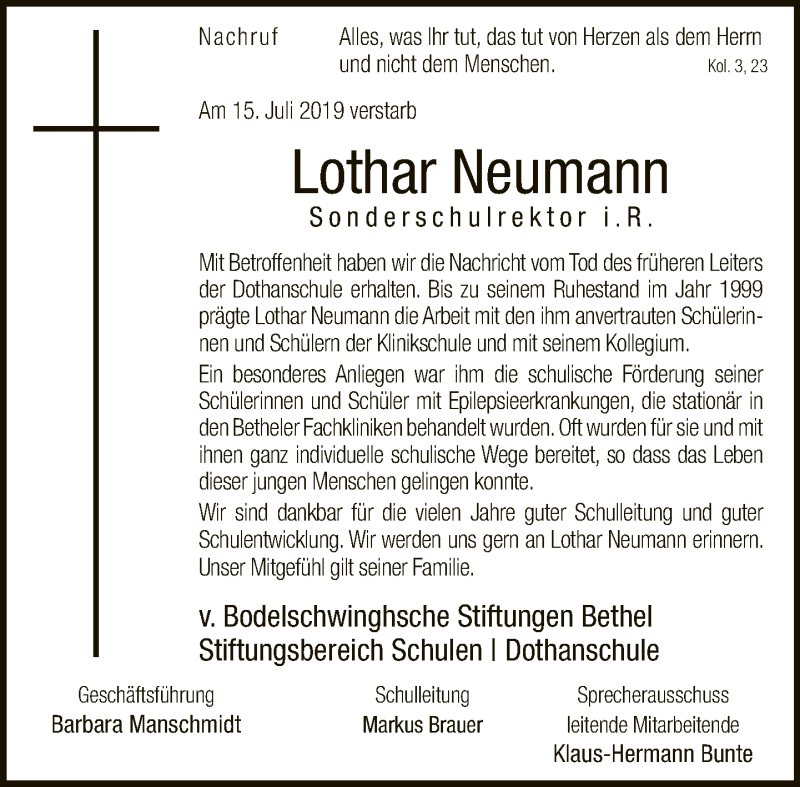  Traueranzeige für Lothar Neumann vom 31.08.2019 aus Neue Westfälische