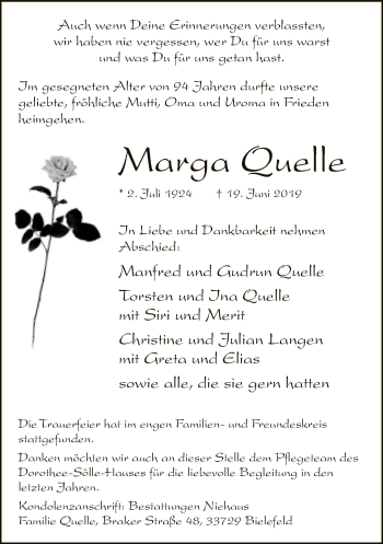 Traueranzeige von Marga Quelle von Neue Westfälische
