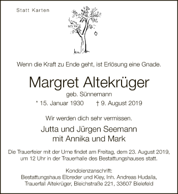 Traueranzeige von Margret Altekrüger von Neue Westfälische