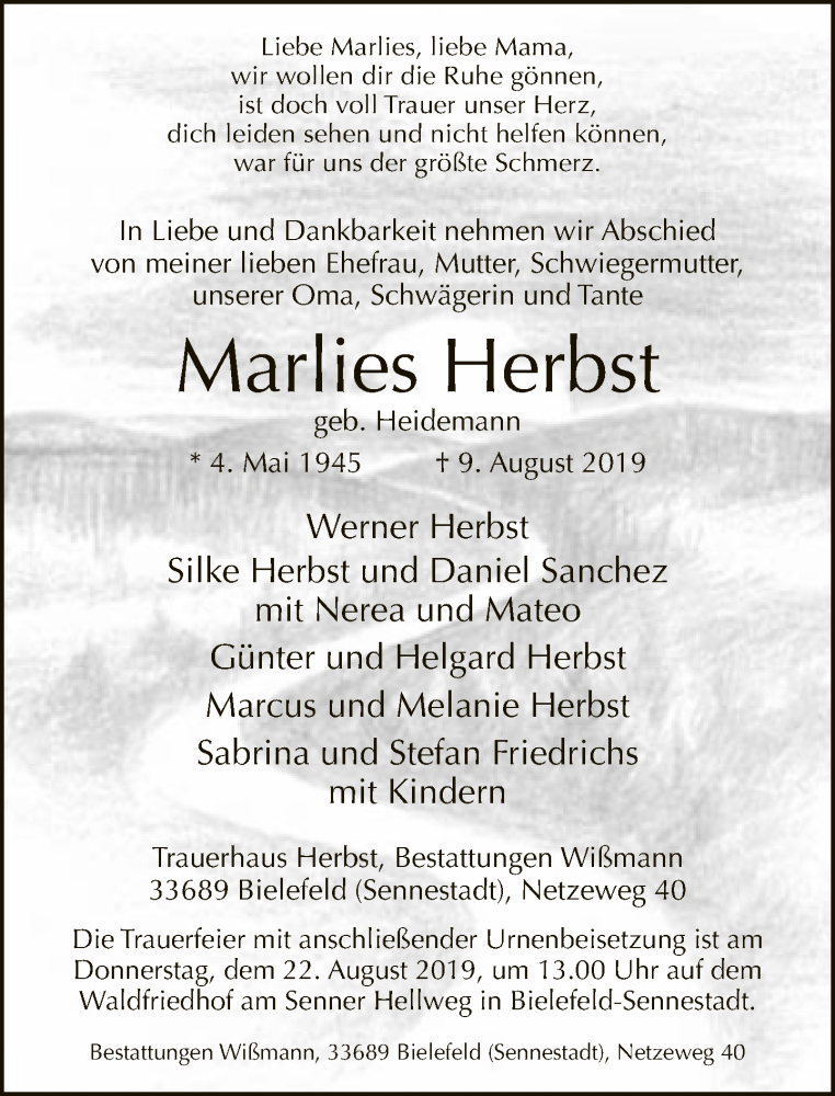  Traueranzeige für Marlies Herbst vom 17.08.2019 aus Neue Westfälische