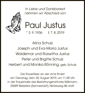 Traueranzeige von Paul Justus von Neue Westfälische