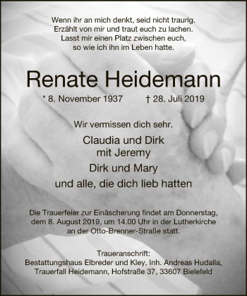 Traueranzeige von Renate Heidemann von Neue Westfälische